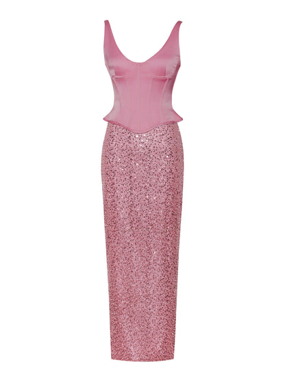 Juliana Pink Satin Corset Sequin Maxi Dress