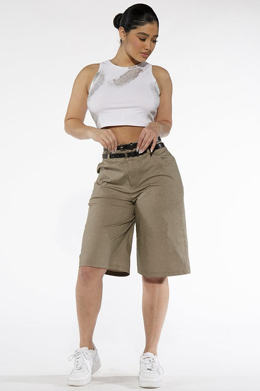 STRIPED BELTED WOVEN SHORTS