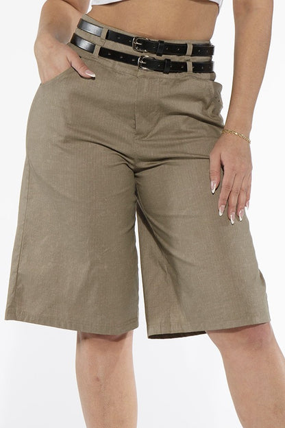 STRIPED BELTED WOVEN SHORTS