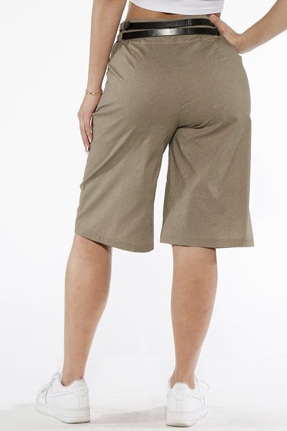 STRIPED BELTED WOVEN SHORTS
