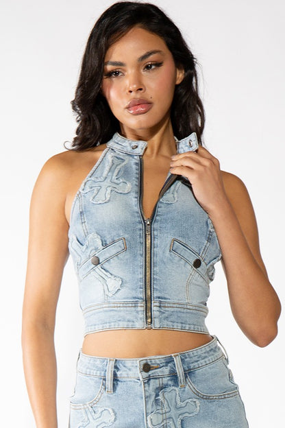 Alex CROSS PACH ZIP UP HALTER NECK DENIM TOP