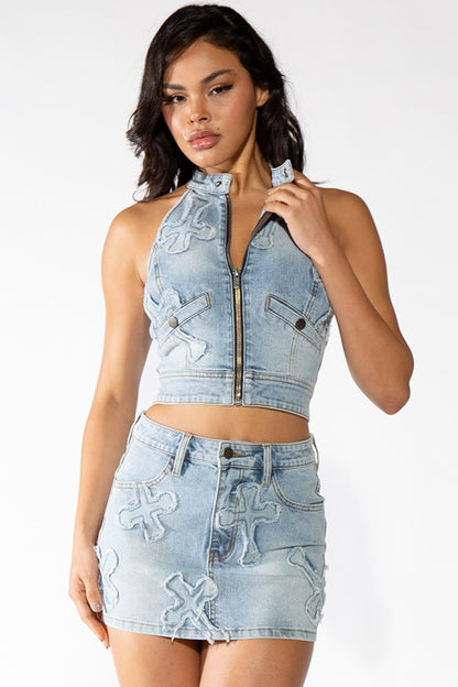 Alex CROSS PACH ZIP UP HALTER NECK DENIM TOP