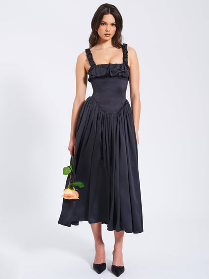 Noreen Black Satin Corset Maxi Sundress