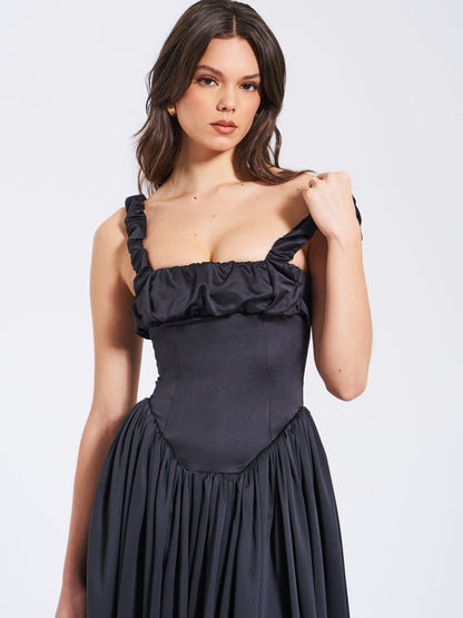 Noreen Black Satin Corset Maxi Sundress