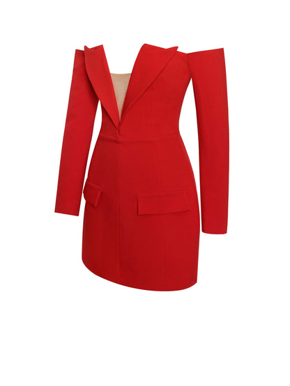 Polina Red Off Shoulder Long Sleeve Blazer Dress