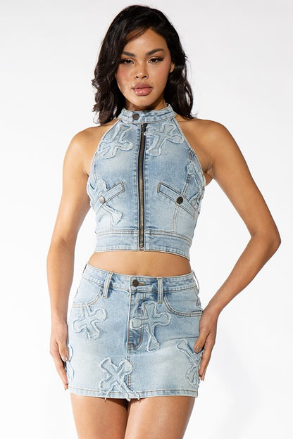 Alex CROSS PATCH DENIM JEAN MINI SKIRT
