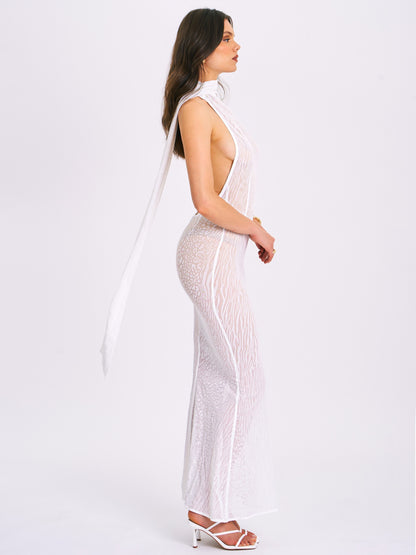 Olena White Burnout Velvet Animal Print Maxi Dress
