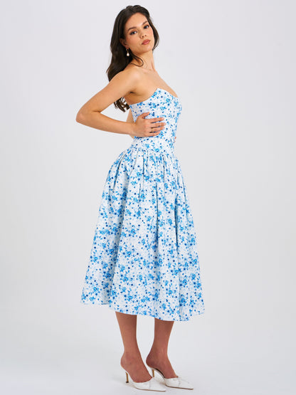 Paloma Blue Print Linen Corset Midi Dress