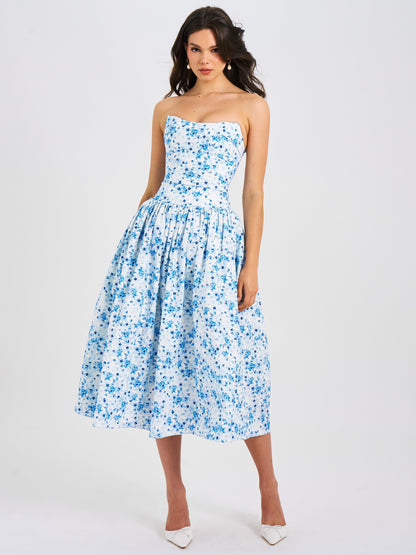 Paloma Blue Print Linen Corset Midi Dress