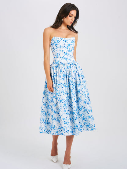 Paloma Blue Print Linen Corset Midi Dress