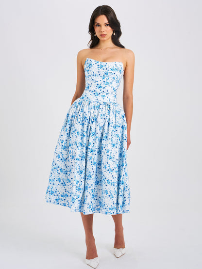 Paloma Blue Print Linen Corset Midi Dress