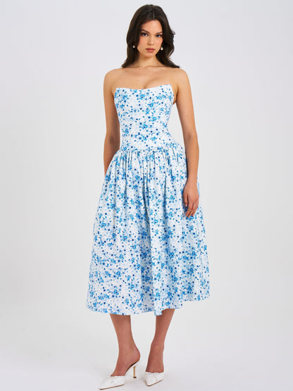 Paloma Blue Print Linen Corset Midi Dress
