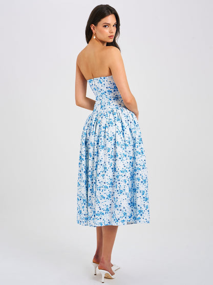 Paloma Blue Print Linen Corset Midi Dress