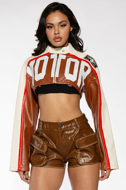 Jaded MOTOR PRINTED VEGAN LEATHER CROPPED JACKET