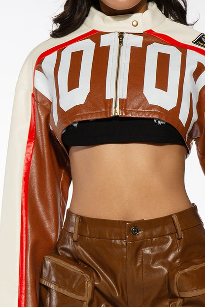 Jaded MOTOR PRINTED VEGAN LEATHER CROPPED JACKET