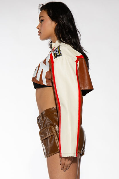 Jaded MOTOR PRINTED VEGAN LEATHER CROPPED JACKET