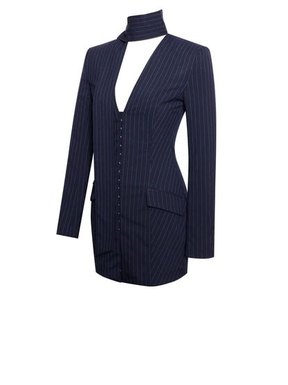 Tahlia Deep V Pinstripes Navy Blue Blazer Dress