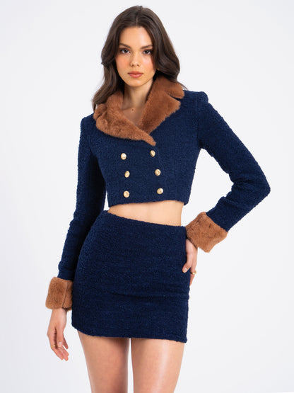 Wava Navy Blue Trim Cropped Boucle Wool Jacket