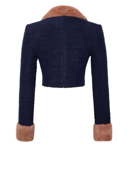 Wava Navy Blue Trim Cropped Boucle Wool Jacket