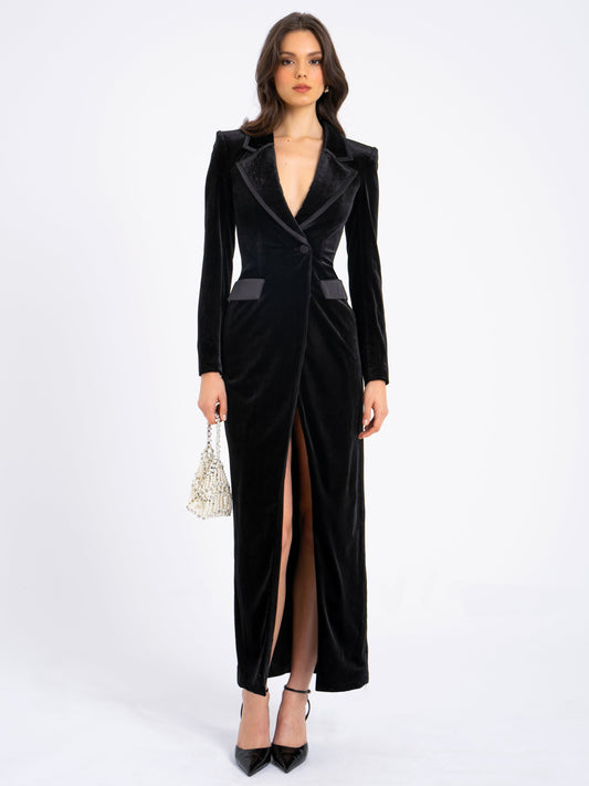 Willow Black Velvet High Slit Blazer Gown