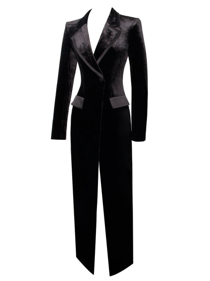 Willow Black Velvet High Slit Blazer Gown