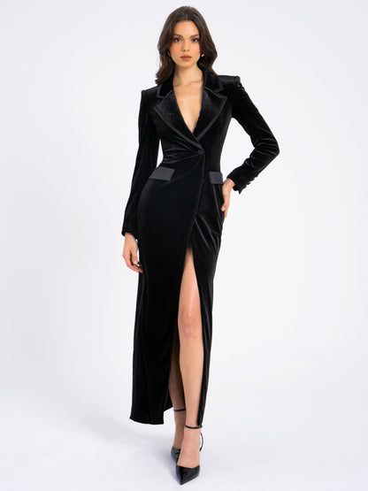Willow Black Velvet High Slit Blazer Gown
