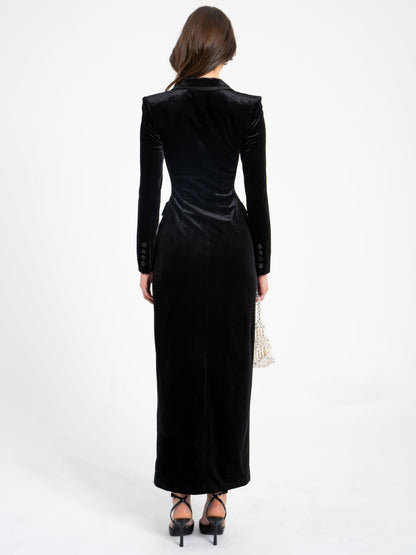 Willow Black Velvet High Slit Blazer Gown