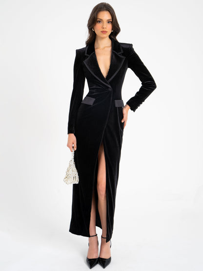 Willow Black Velvet High Slit Blazer Gown