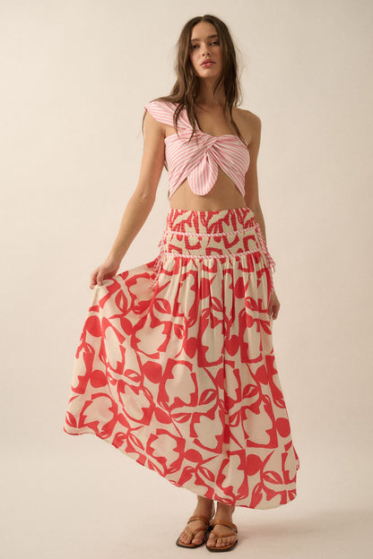Abstract Floral-Print Tiered-Waist Maxi Skirt