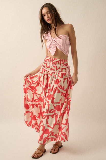 Abstract Floral-Print Tiered-Waist Maxi Skirt