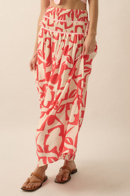 Abstract Floral-Print Tiered-Waist Maxi Skirt