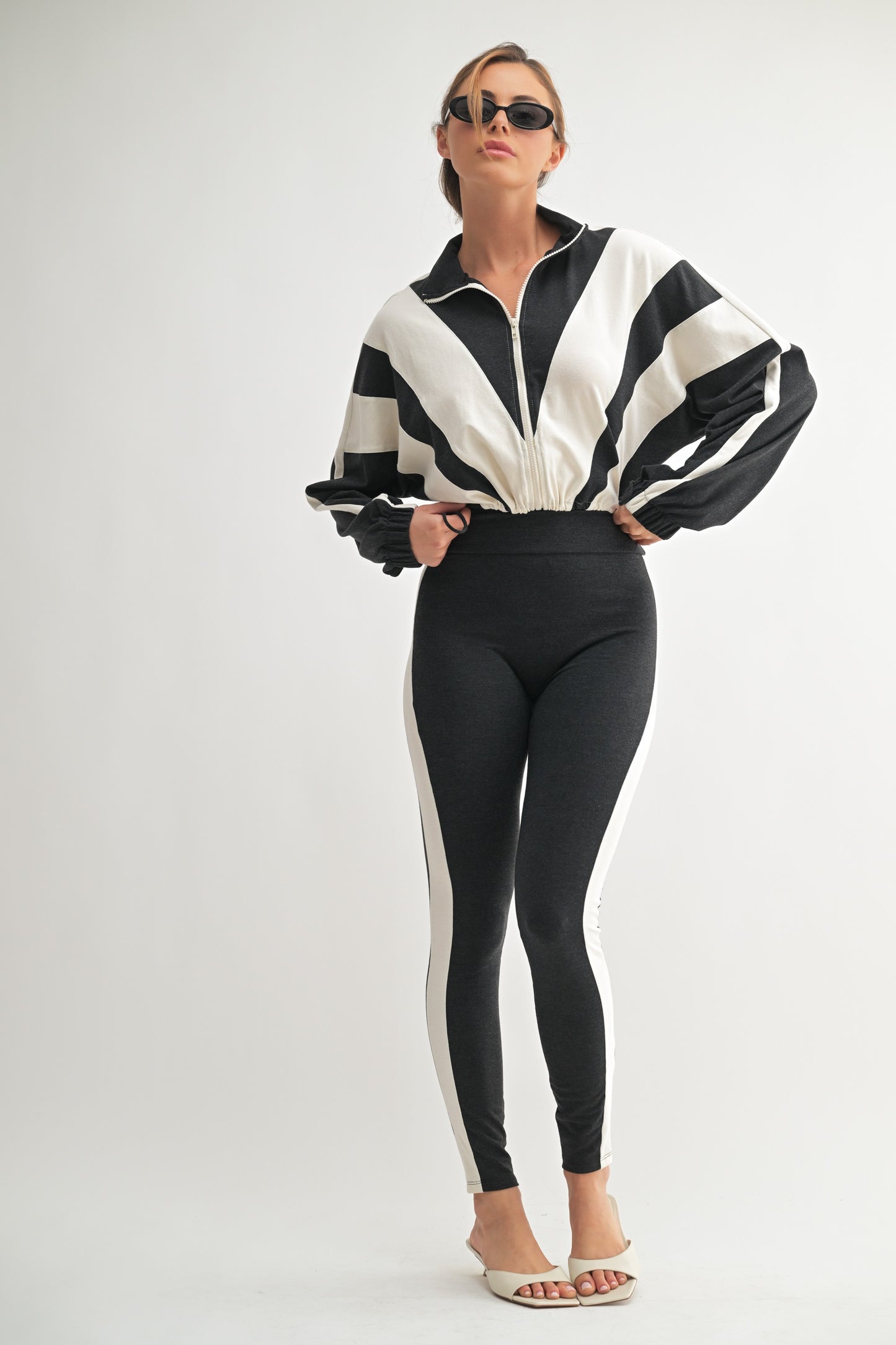 High-Waisted Stripe Leggings & Zip-Up Jacket Set