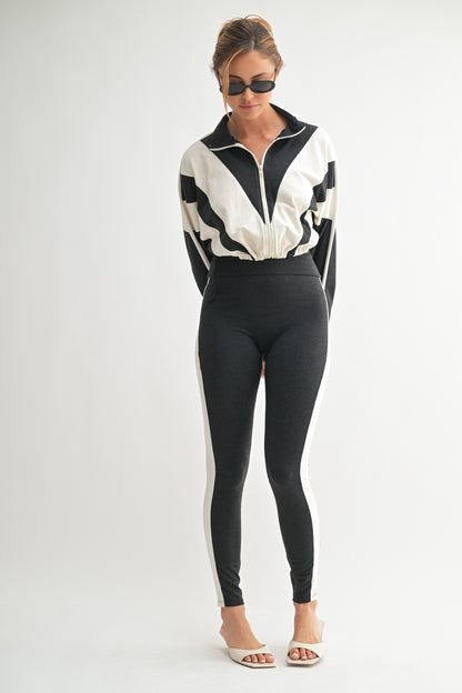High-Waisted Stripe Leggings & Zip-Up Jacket Set