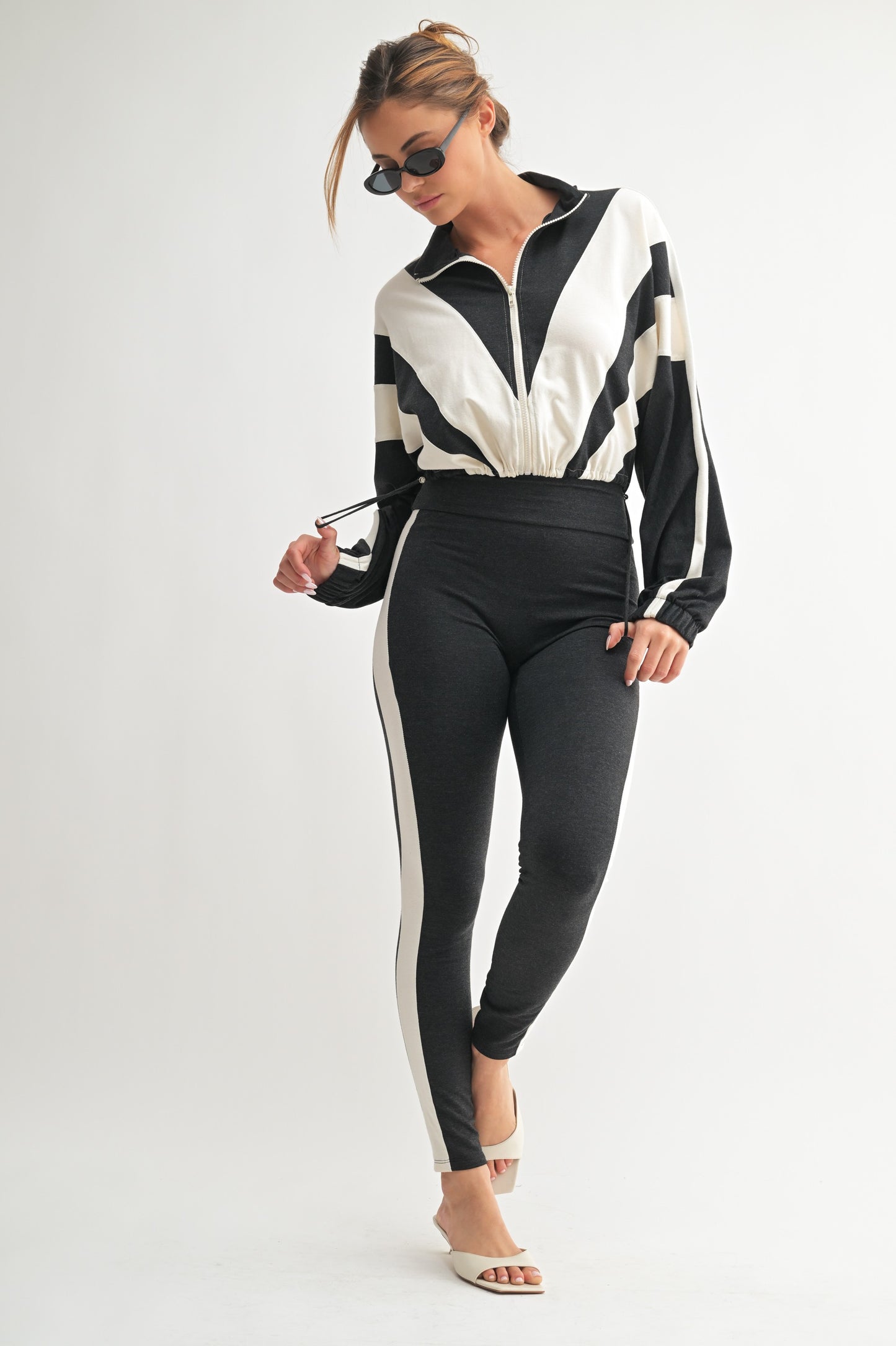 High-Waisted Stripe Leggings & Zip-Up Jacket Set