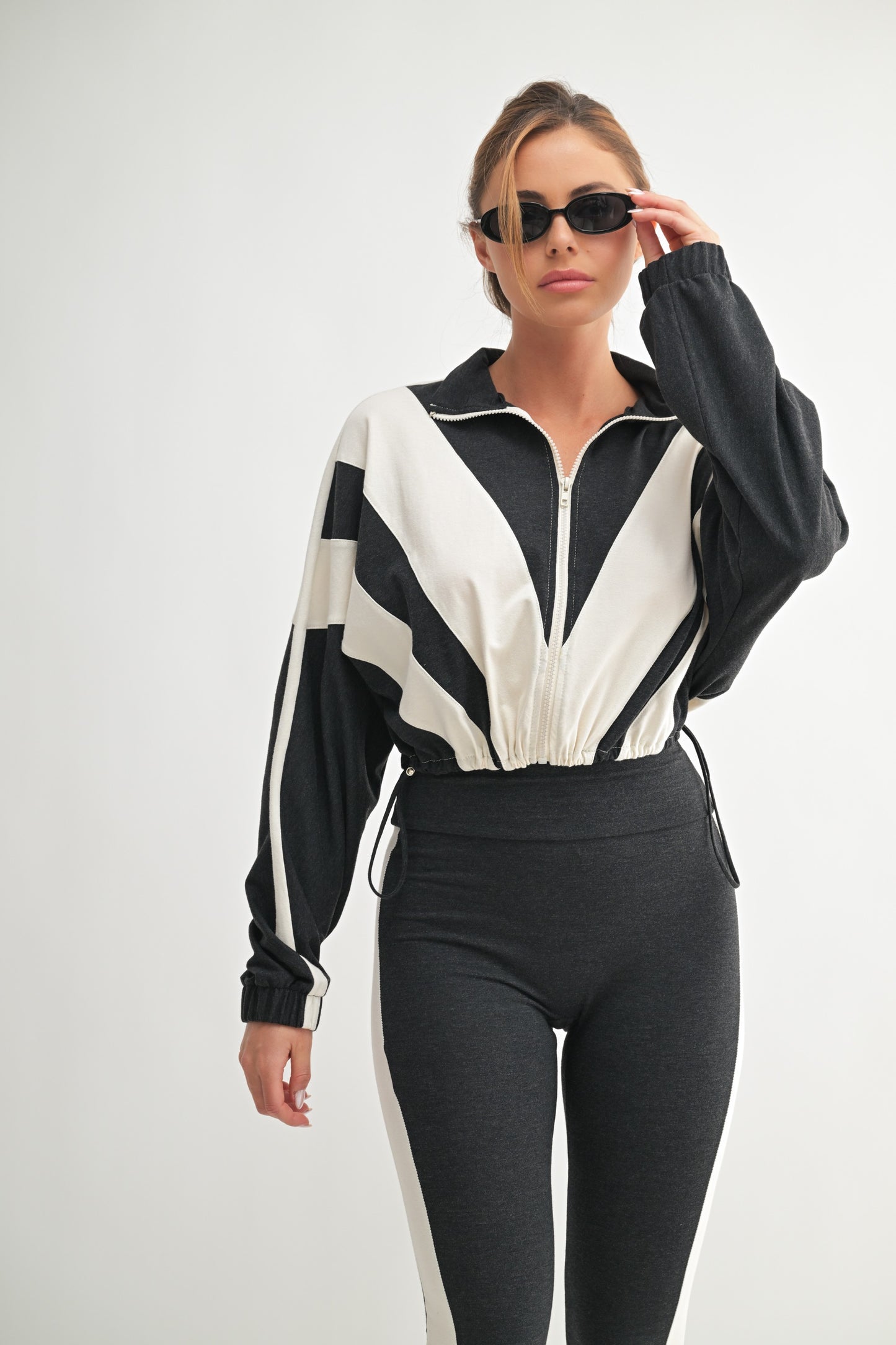 High-Waisted Stripe Leggings & Zip-Up Jacket Set