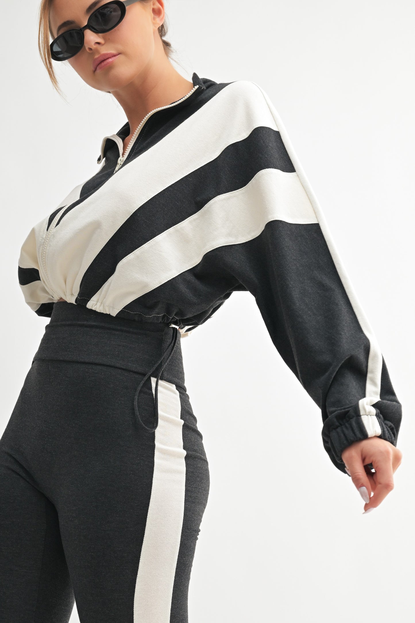 High-Waisted Stripe Leggings & Zip-Up Jacket Set