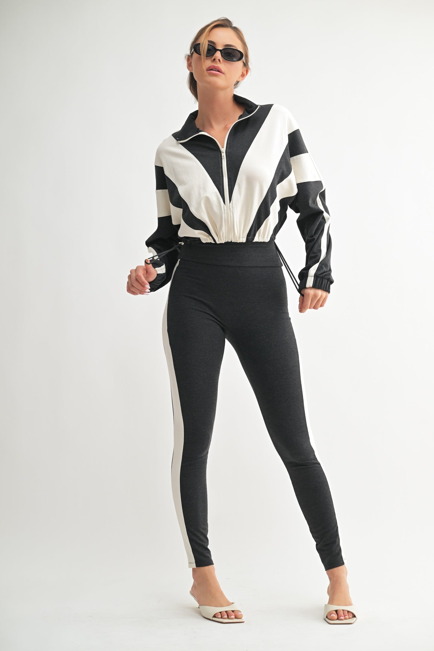 High-Waisted Stripe Leggings & Zip-Up Jacket Set