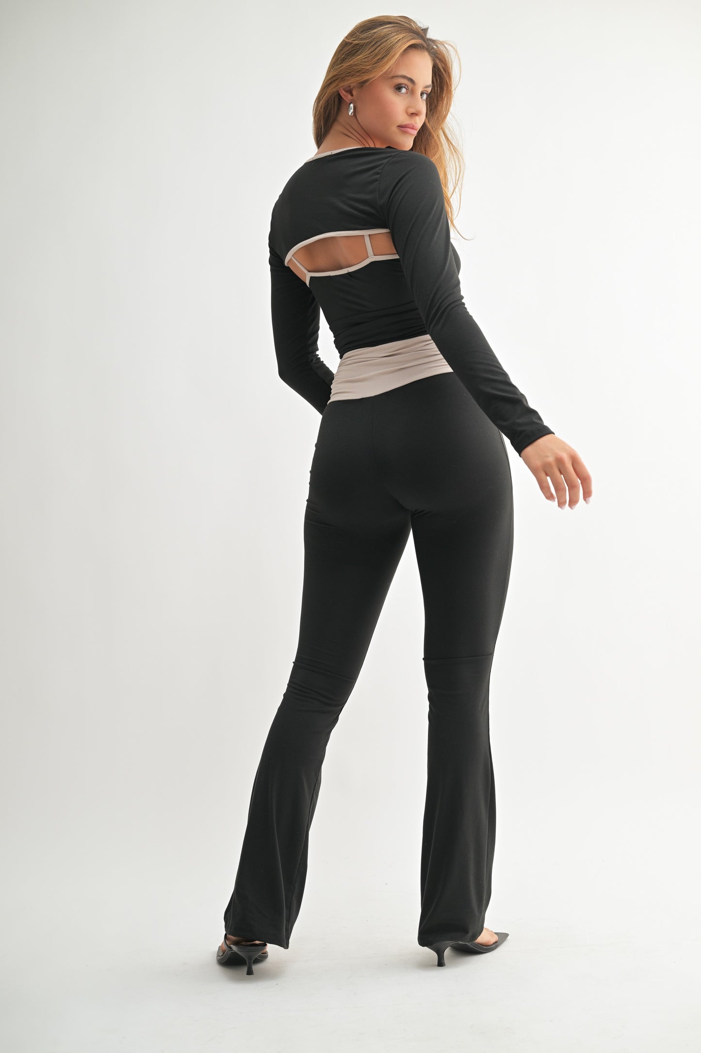 Contrast Cutout Wrap Long Sleeve 3 Piece Set