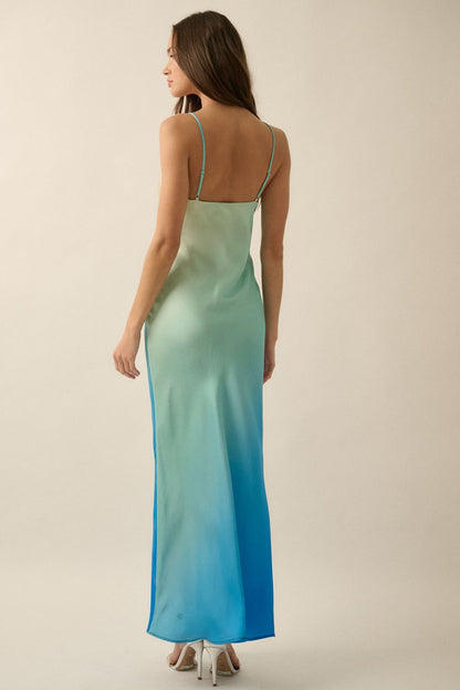 Ombre Satin Deep V-Neck Fit And Flare Slip Dress
