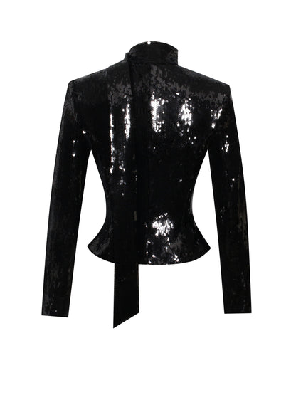 Tamina Black Sequin Deep V Peplum Top With Scarf