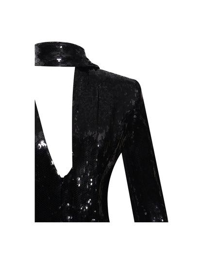 Tamina Black Sequin Deep V Peplum Top With Scarf