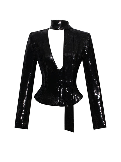 Tamina Black Sequin Deep V Peplum Top With Scarf