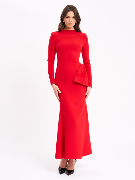 Radha Red Backless Longsleeve Maxi Dress With Bow