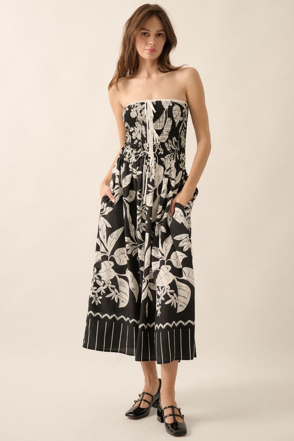 Tropical Floral Strapless Tie-Front Midi Dress
