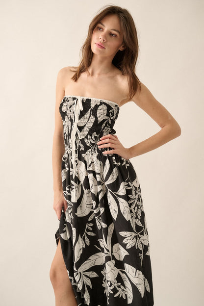 Tropical Floral Strapless Tie-Front Midi Dress