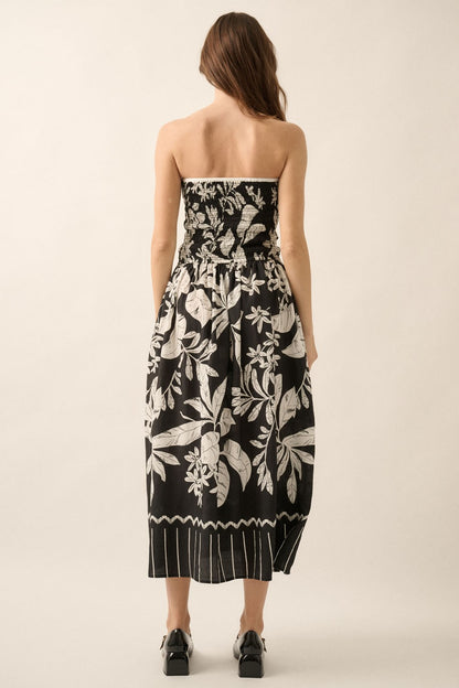 Tropical Floral Strapless Tie-Front Midi Dress