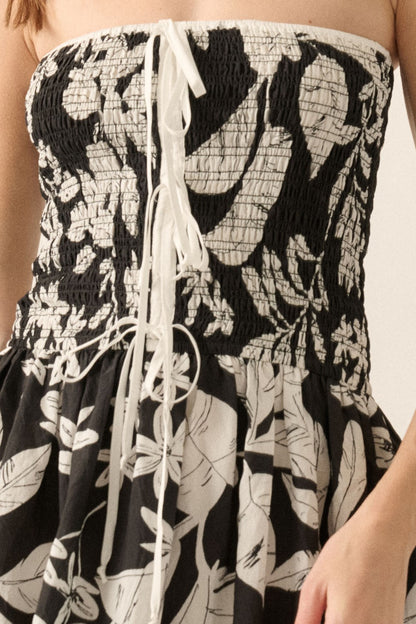 Tropical Floral Strapless Tie-Front Midi Dress