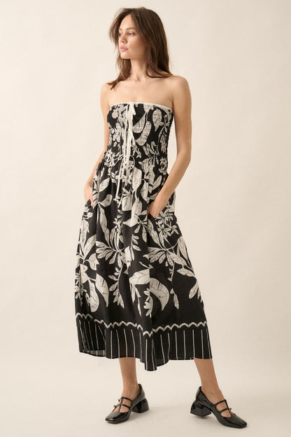 Tropical Floral Strapless Tie-Front Midi Dress