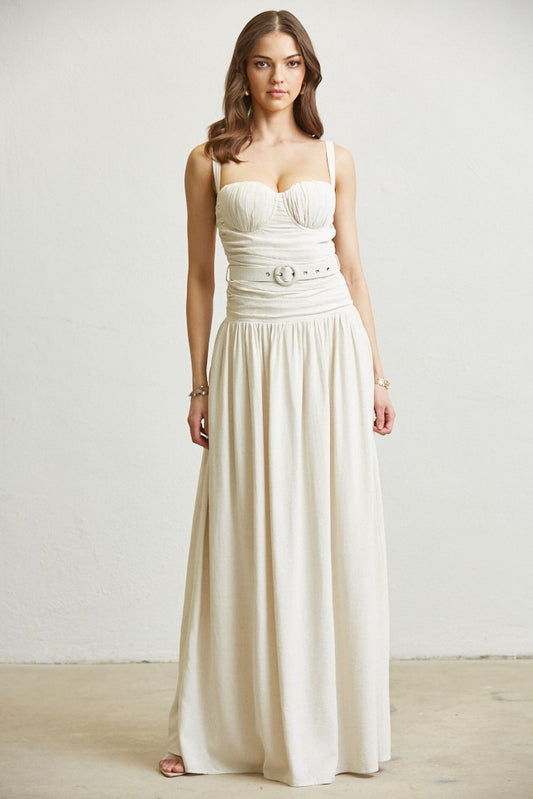 Linen Textured Belted Maxi Dress