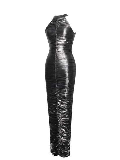 Abril Ruched Silver Glitter Backless Gown